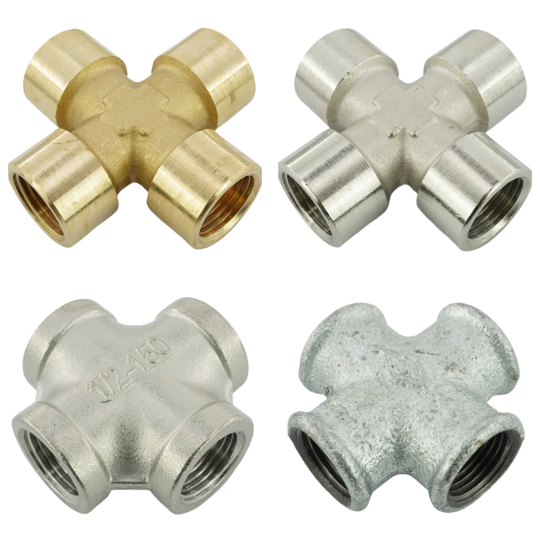 Produktbild von Kreuz-Stück Fitting Aus Messing Vernickelt Oder Edelstahl – Für Druckluft & Wasser