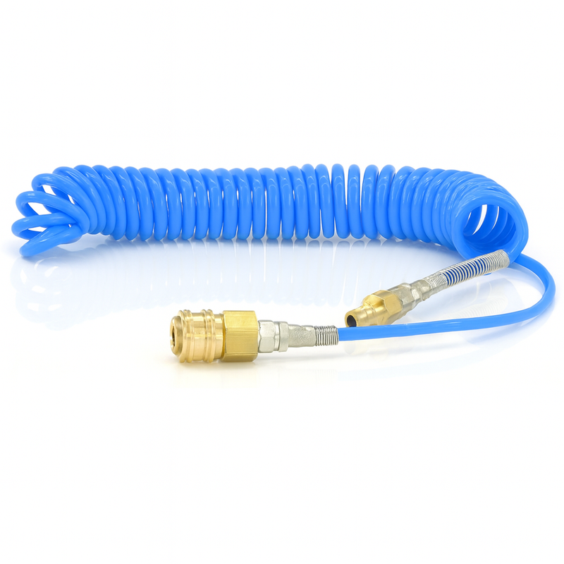 Polyurethan-Spiralschlauch mit Knickschutzspirale 360° drehbar mit Druckluftkupplung, Kupplungsstecker NW 7,2