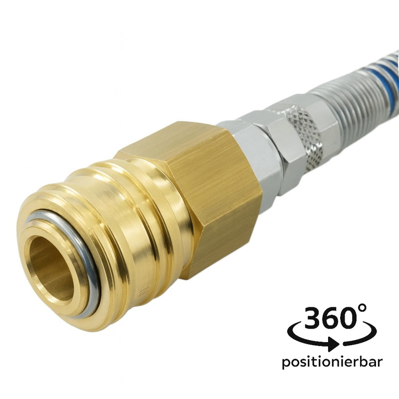 Polyurethan-Spiralschlauch mit Knickschutzspirale 360° drehbar mit Druckluftkupplung, Kupplungsstecker NW 7,2