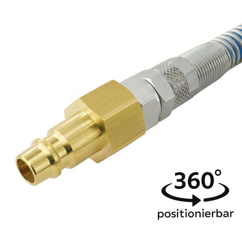 Polyurethan-Spiralschlauch mit Knickschutzspirale 360° drehbar mit Druckluftkupplung, Kupplungsstecker NW 7,2