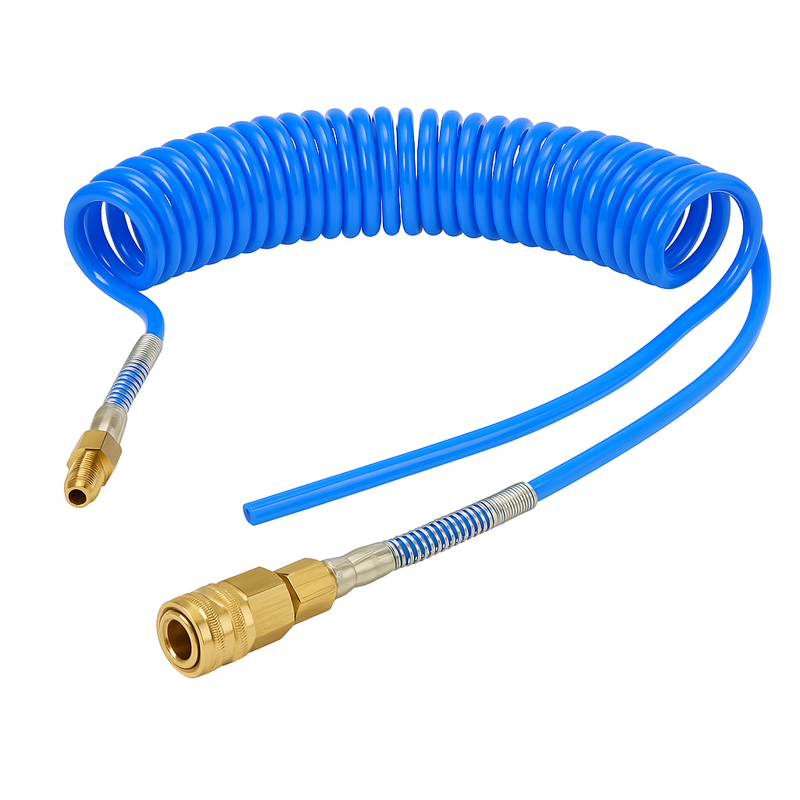 Polyurethan-Spiralschlauch mit Knickschutzspirale 360° drehbar mit Druckluftkupplung, Kupplungsstecker NW 7,2