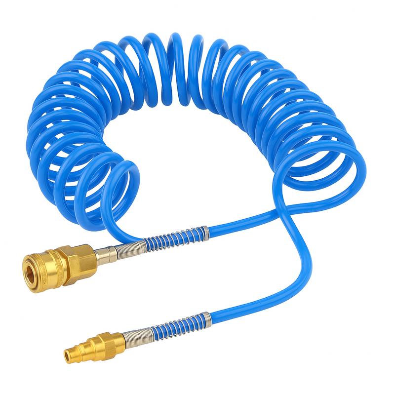 Polyurethan-Spiralschlauch mit Knickschutzspirale 360° drehbar mit Druckluftkupplung, Kupplungsstecker NW 7,2